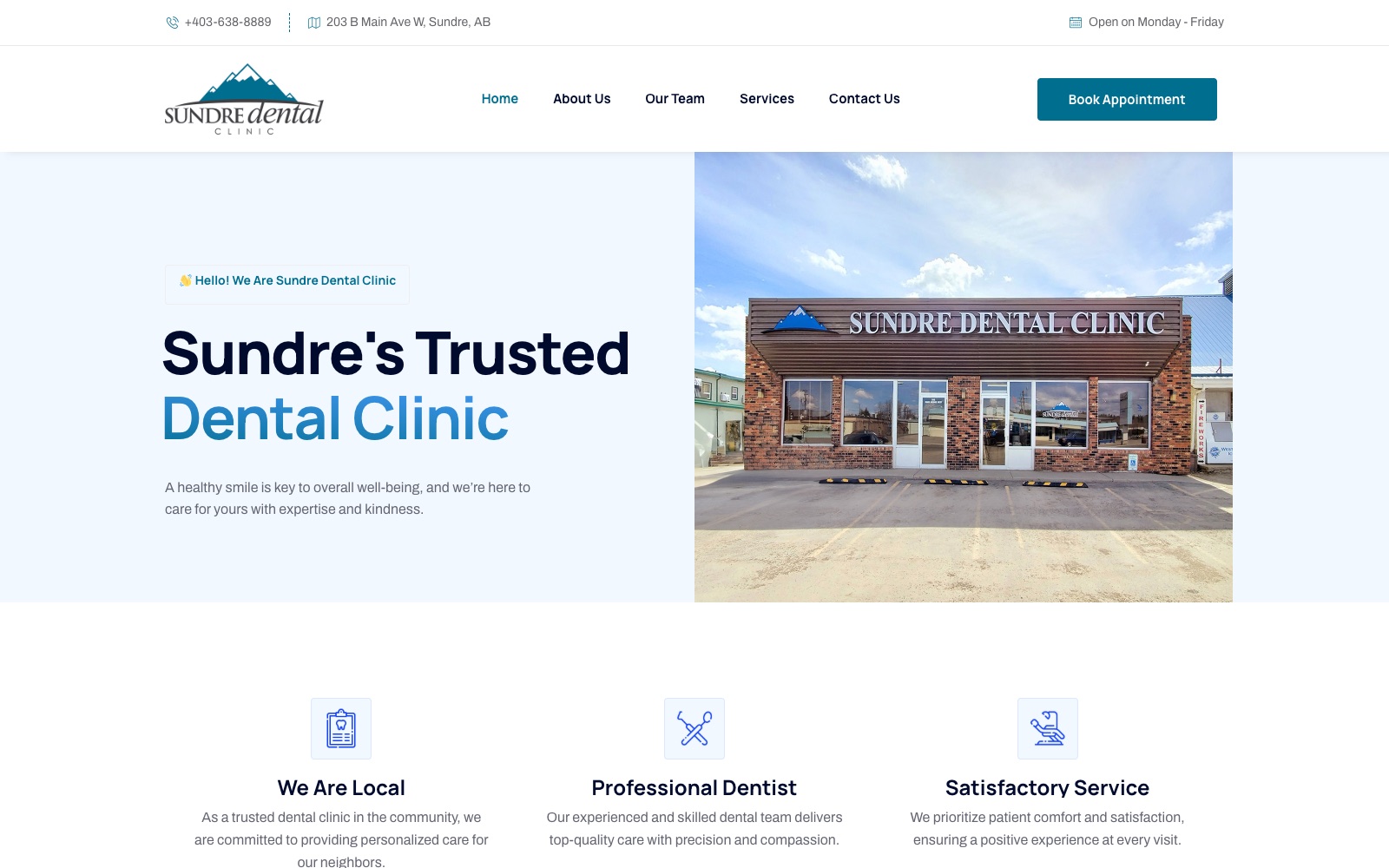 Sundre Dental Clinic homepage with design decisions called out